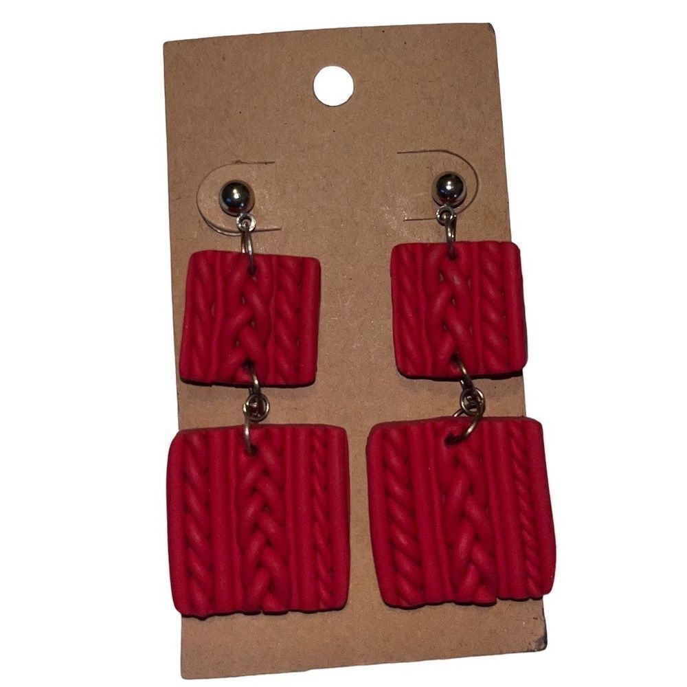 Sweater cable Knit Earrings red dangle resin holiday winter post NEW Christmas
